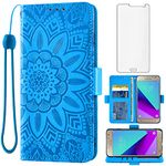 Asuwish Phone Case for Samsung Galaxy Grand Prime J2 Prime with Tempered Glass Screen Protector and Flower Leather Wallet Flip Cover Credit Card Holder Cell Accessories Glaxay 2 2J Plus Women Men Blue