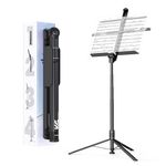 KraftGeek 66" Music Stand for Sheet Music, Portable and Folding Music Stand for Musicians and Instrument Players, Adjustable Music Tray with Page Holder Clips, No Assembly Required, Black