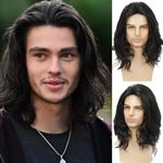 Mens Black Curly Wig Shoulder Length Curly Male Wig Layered Fluffy Durable Breathable for Costume Party Daily Use