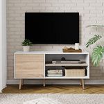 WAMPAT Mid Century Modern TV Stand for 50 inch Flat Screen, Wood TV Cabinet Media Console with Storage, White Home Entertainment Center for Living Room Bedroom, 42 Inch