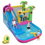 COSTWAY Inflatable Water Slide, Jumping Bouncy Castle with 680W Air Blower, Climbing Wall, Splashing Pool and Water Cannon, Blow Up Activity Center for Kids Summer Play