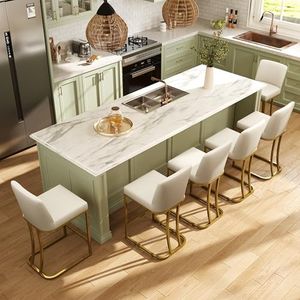 MAISON ARTS Off White & Gold Counter Height Bar Stools with Back Set of 6 for Kitchen Counter 24 Inch Modern Upholstered Faux Leather Barstools Farmhouse Bar Chairs Luxury Island Stools Support 330LBS