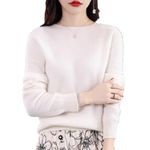 Cashmere Sweaters for Women, 100% Cashmere Pullover Long Sleeve Crew Neck Sweater Lightweight Knit Top, White, Large