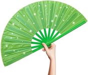 OMyTea Glitter Large Rave Folding Hand Fan - 13'' Foldable Clack Chinese Tai Chi Kung Fu Fan - for Festivals, EDM, Club, Dancing, Hot Flashes, Church and Gifts (Green)