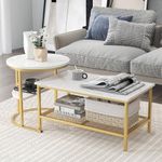 Giantex Nesting Coffee Table Set of 2, Detachable Rectangular Table & Round Table Set w/White Faux Marble Print, Sturdy Golden Metal Frame, Modern Stacking Side Table for Living Room, Bedroom(Gold)