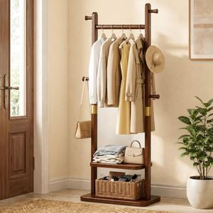 Taitiy Solid Wood Coat Rack, Coat Rack Freestanding with 2 Shelves and 5 Hooks, Heavy Duty Coat Tree for Entryway,Living Room,Coat Hanger Stand for Hats, Bags (Walnut Brown)