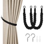 HOTUT Natural Cotton Rope Curtain Tiebacks, 2 PCS Curtain Tiebacks, Hand Knitting Curtains Tied, Curtain Rope Buckle, Braided Curtain Tiebacks for Home Hotel Office Curtain Accessories - Black