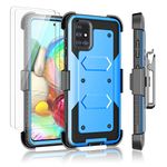 Njjex Rugged Case for Samsung Galaxy A71 5G, for Galaxy A71 Case + Tempered Glass Screen Protector [2 Pack], [Nbeck] Shockproof Heavy Duty Locking Swivel Holster Belt Clip Kickstand Hard Cover [Blue]