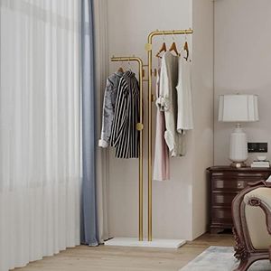 HKaikzo Double-pole Coat Rack Freestanding, Modern Metal Coat Racks Hanger Stand with 5 Hooks and Natural Marble Base, for Bedroom, Office, Hallway, Entryway, Living Room Gold