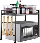 i BKGOO Expandable Carbon Steel Microwave Shelf,2-Tier with 3 Hook Adjustable Kitchen Counter Shelf and Organizer Black H Type