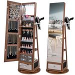 COSTWAY 360° Swivel Jewellery Cabinet, LED Lights Lockable Jewelry Armoire with Full Length Mirror, Large Storage, Hairdryer Mount & Rear Shelves, Freestanding Jewellery Organiser Unit (Walnut)