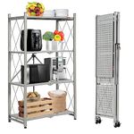 DEANIC Folding Storage Shelves,4 Tiers Metal Shelving Units for Storage 28x50x13.4 inch,Kitchen Shelves on Wheels,Pantry Shelves,Bookcase for Living room (Grey)