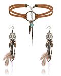 FINREZIO Leather Choker Necklace Earring Set for Women Handmade Bohemian Dream Catcher Long Faux Feather Drop Dangle Earrings Retro Necklace Jewelry Set