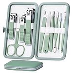 HANTEKAS Manicure Set 10 in 1 Stainless Steel, Nail Clippers Scissors Pedicure Tools Kit - Portable Travel Grooming Kit for Men and Women with Leather Case (Jade Green)