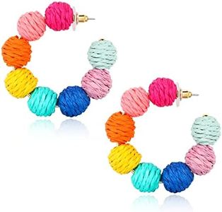Hoop Earrings for Women Colorful Bohemian Rattan Earrings Handmade Rainbow Ball Earrings Raffia Circle Dangle Drop Earrings for Girls