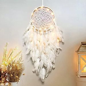 Dremisland White Feathers Dream Catcher Wall Hanging Elegant Wall Art Room Decoration for Windows Balcony Bedroom Wedding Party Gift for Girls and Kids(with Lights)