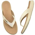 ONCAI Womens Flip Flops,Comfortable Leather Strap Orthotic Arch Support Summer Beach Flip Flops with Soft Cushion Yoga Foam Rubber Soles Beige Size 7