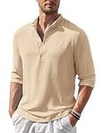 COOFANDY Men's Cuban Vacation Henley Shirts Collarless Long Sleeve Hippie Casual Shirt Light Khaki