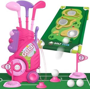 Liberry Toddler Golf Set for 2 3 4 5 Years Old Girls Boys, Upgraded Kids Golf Cart with Golf Cornhole Board & Putting Mat, Indoor and Outdoor Golf Toys Birthday Gift, Pink