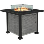 Outsunny Square Propane Gas Fire Pit Table, 50000 BTU Rattan Smokeless Firepit Patio Heater with Glass Screen, Glass Beads and Lid, 81cm x 81cm x 64cm, Grey