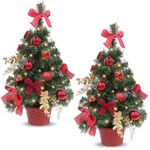 2PACK GRANDEAL 20”Tabletop Artificial Christmas Small Tree with LED Lights Timer with Red Pot Gift Box Bows Ornaments Table Decoration for Xmas Indoor Decoration