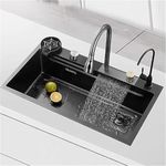 DOLANTO Kitchen Sink 37"x18"x9" Waterfall Sink with ANTI SCRATCH HONEYCOMB DESIGN Integrated Waterfall and Pull-down Faucet | 304 Grade Stainless Steel Sink with Cup washer and Drain Baskets