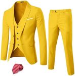 YND Men's Slim Fit 2 Button 3 Piece Suit Set, Blazer Jacket Vest Pants and Tie, Solid Wedding Dress Tux and Trousers Yellow
