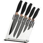 5pc Kitchen Knife Set & Block - Brooklyn Range by Taylors Eye Witness. Copper Coloured Bolsters. Finely Ground Razor Sharp Black Ceramic Coated Blades. Soft Grip Handles. Set in Sloping Carry Block.