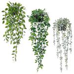 Artificial Hanging Plants 3Pcs Potted Greenery Decor - Grey Eucalyptus Mandala Snow Pea Vine in Pot Plants for Office Farmhouse Home Indoor Outdoor Decor