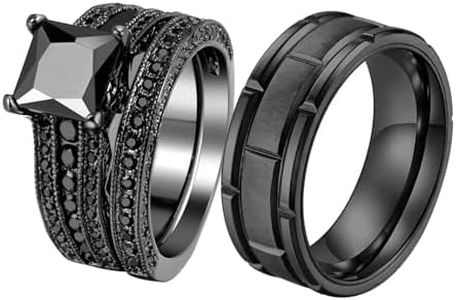 His and Hers Wedding Ring Sets Couples Rings Women 10K Black Gold Filled Blue Cz Wedding Engagement Ring Bridal Sets Men's Wedding Band, women's size 6 & men's size 12, Paper, Agate