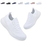 Womens Trainers Running Walking Shoes Tennis Sport Sneakers Ladies Ligthweight Gym Athletic Fitness Jogging Mesh Slip On Shoes Casual Fashion Comfortable Outdoor Flat Shoes White