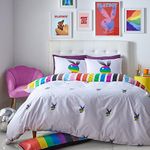 Playboy Bedding Rainbow Bunny Reversible Double Duvet Cover Set with Pillowcases White