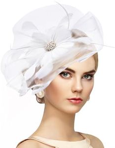 Zinniday White Tea Party Hat - 2026 Elegant Victoria Feather Fascinators with Hair Clip, Flower Kentucky Hats Mesh 20s 50s Derby Hat Cocktail Bridal Headband for Women Lady Wedding Costume
