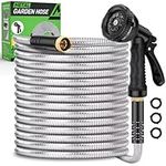 Metal Garden Hose 50ft, Heavy Duty Stainless Steel Water Hose with 10 Functional Nozzles, No Kink, Lightweight and Flexible, Easy to Use and Store, Strong and Durable, Suitable for Yard and Lawn
