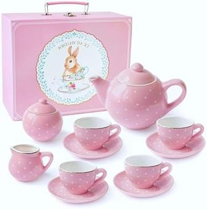 Jewelkeeper Porcelain Tea Party Set for Little Girls, 13 Pieces + Carrying Case, Pink Polka Dot Design - Great Gift for Kids