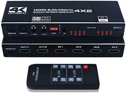 4K@60Hz HDMI Matrix Switch 4x2, HDMI Matrix Switch Splitter 4 in 2 Out, Optical Toslink SPDIF and L/R Audio Output, EDID Scaler with Remote Control, Support HDMI 2.0b, 3D, HDR