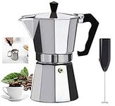 HK Online Italian Espresso STOVE TOP Coffee Maker & Electric MILK FROTHER -Continental Percolator Pot Jug, Camping, Caravan, Brewing Rich Coffee (6 CUP Espresso & Frother)