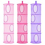 LIVEHITOP 4 Tier Teddy Storage Hanging Mesh, 3 PCS Foldable Save Space Hanging Toy Basket for Kids Room, Bathroom, Balcony (Pink, Rose, Purple)