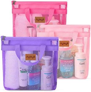 3 Pcs Portable Mesh Shower Caddy Tote, Quick Dry Tote Bag Mesh Beach Bags for Women, Hanging Toiletry and Bath Organizer for Travel Swimming Sports Gym Camp Shopping College Dorms (Pink Purple Rose)