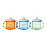 Tommee Tippee First Cup, 190ml, Non-Spill Sippy Cup for Babies 4 Months+, with Free-Flow Flip-Down Spout and Easy to Hold Handles, Orange, Blue and Green, 3 Pack