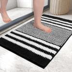 Bath Mat Rug Extra Soft and Absorbent Fluffy Striped Chenille,Non Slip Shaggy Bathroom Floor Mat,Machine Washable (Black, 40 x 60 cm)