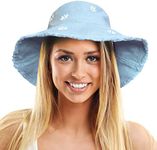 TOSKATOK Ladies Womens UPF 50+ Soft Washed Cotton Bucket Sun hat with Embroidered Daisy Motifs, Shapeable Brim and Frayed Edge-1 Blue