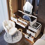 DGPBD Dressing Table with Cloud Mirror, Makeup Vanity Desk with 5 Solid Wood Drawers, Wireless Charging Station/Bluetooth Speaker/Glass Table Top/Chair with Backrest