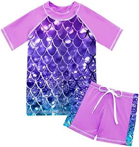 Girl Rash Guard Set Size 3-4 Two Piece Boyshort Swimsuits Purple Mermaid Scales Summer Beach Swimwear with Shorts