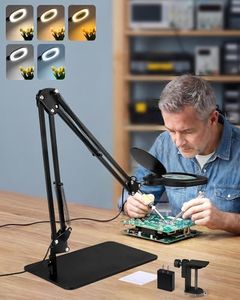 LIONVISON 10x Magnifying Glass with Light: 2-in-1 Magnifying Lamp with Light and Stand and Clamp - Stepless Color & Brightness Desk LED Clamp Lamp with Extra-Long Arm for Seniors Crafts Hands Free