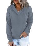 WNEEDU Waffle Hoodies for Women Side Slits Loose Pullover Tops with Pockets Stacked Collar Long Sleeve Shirt Tops 2024 Gray Blue L