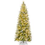 Goplus 7.5ft Pre-Lit Pencil Christmas Tree, Artificial Hinged Xmas Tree with 820 Flocked Frosted Tips, 350 Warm-White LED Lights, Metal Stand, Fake Slim Christmas Trees for Office Home Decoration