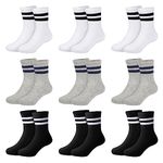 Auranso Toddler Socks 9 Pairs Kids Athletic Cushioned Ankle Crew Socks Black White Grey Striped Cotton School Sports Socks for Boys Girls Junior, 11-15 Years