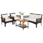 COSTWAY 4-Piece Garden Rattan Furniture Set, Patio Wicker Conversation Set with 2-Tier Coffee Table, 2 Armchairs, 1 Loveseat & Cushions, All-Weather Outdoor Sectional Sofa Set for Backyard Poolside