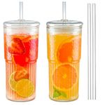 Glass Cups with Lids and Glass Straws, 20OZ Drinking Glasses 2Pcs, Glass Tumbler with Straw and Lid High Borosilicate Glass Tumbler Iced Coffee Cup Water Glass Cups